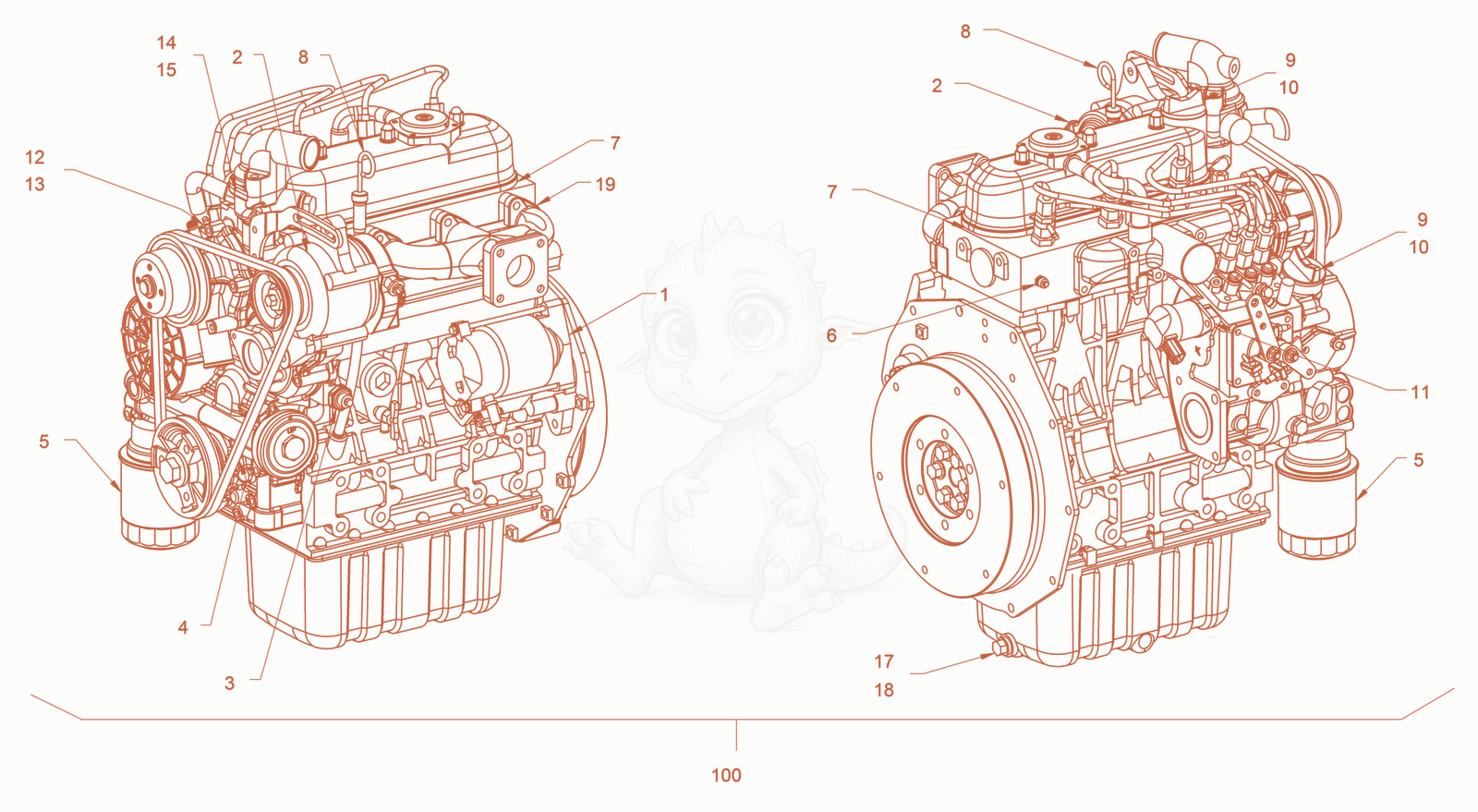 Exploded parts diagram of the pump drive and engine assembly of a Wacker Neuson RD18-100C, with numbered balloons