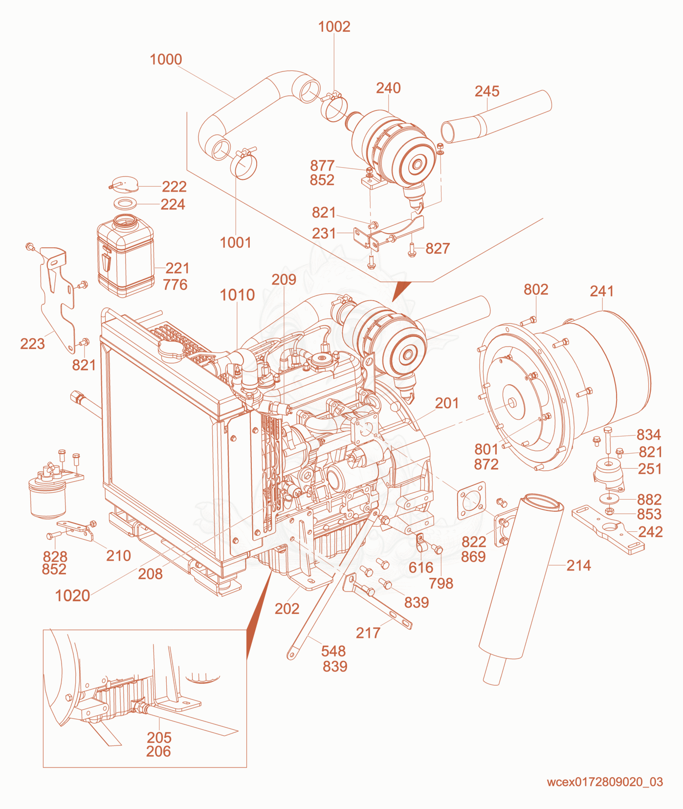 Exploded parts diagram of the Generator/Engine Support/Exhaust Pipe of a Wacker Neuson LTN6K, with numbered balloons