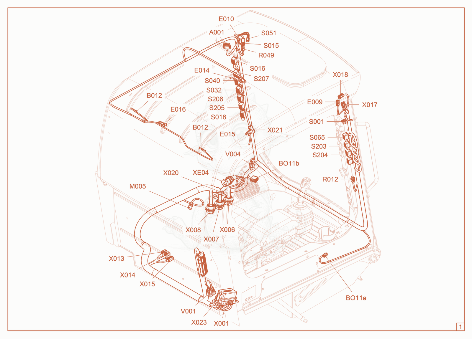 Exploded parts diagram of the Wiring Harness Cabine of a Wacker Neuson ST37, with numbered balloons