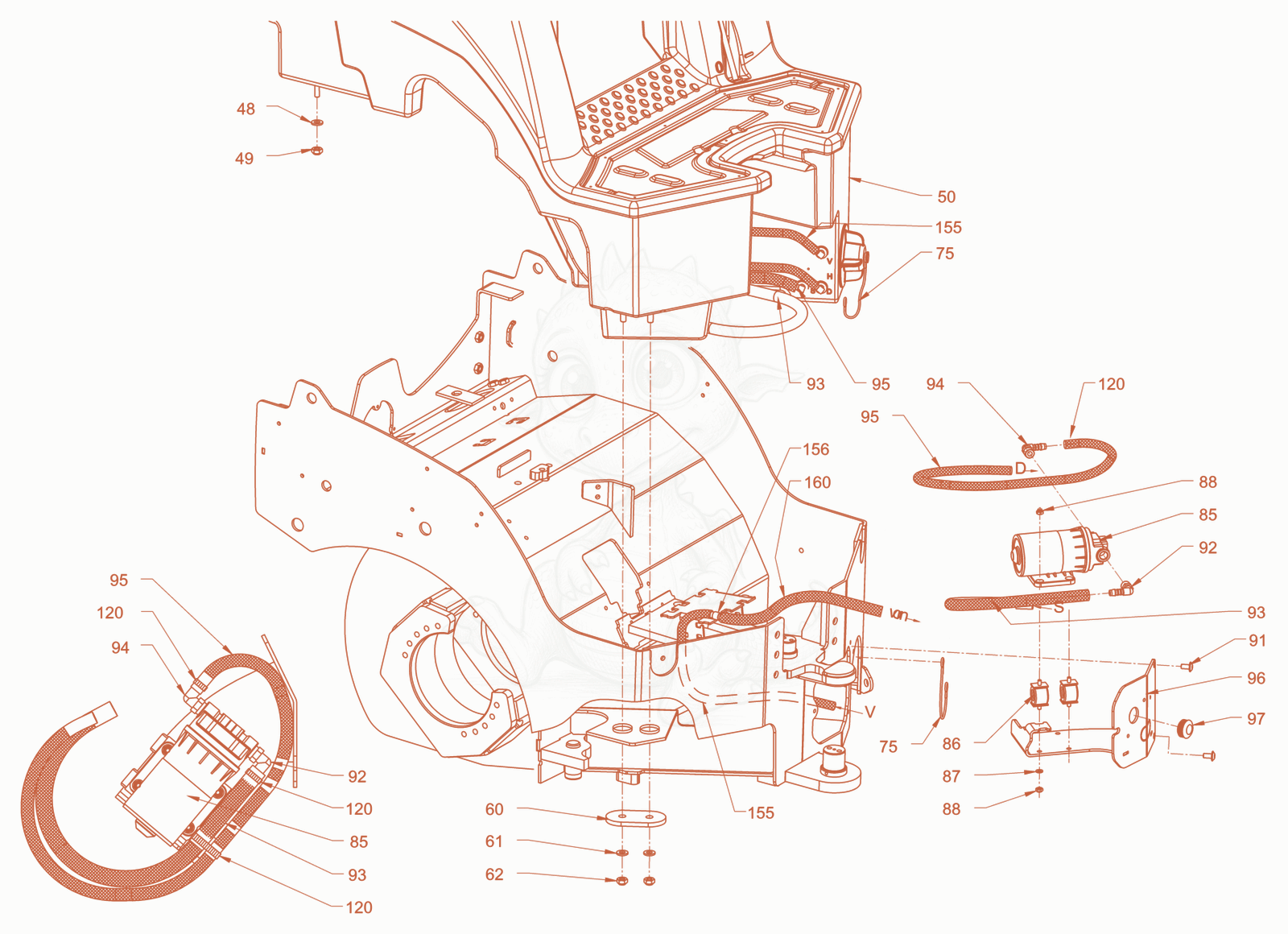 Exploded parts diagram of the sprinkling of a Wacker Neuson RD18-100C.3, with numbered balloons