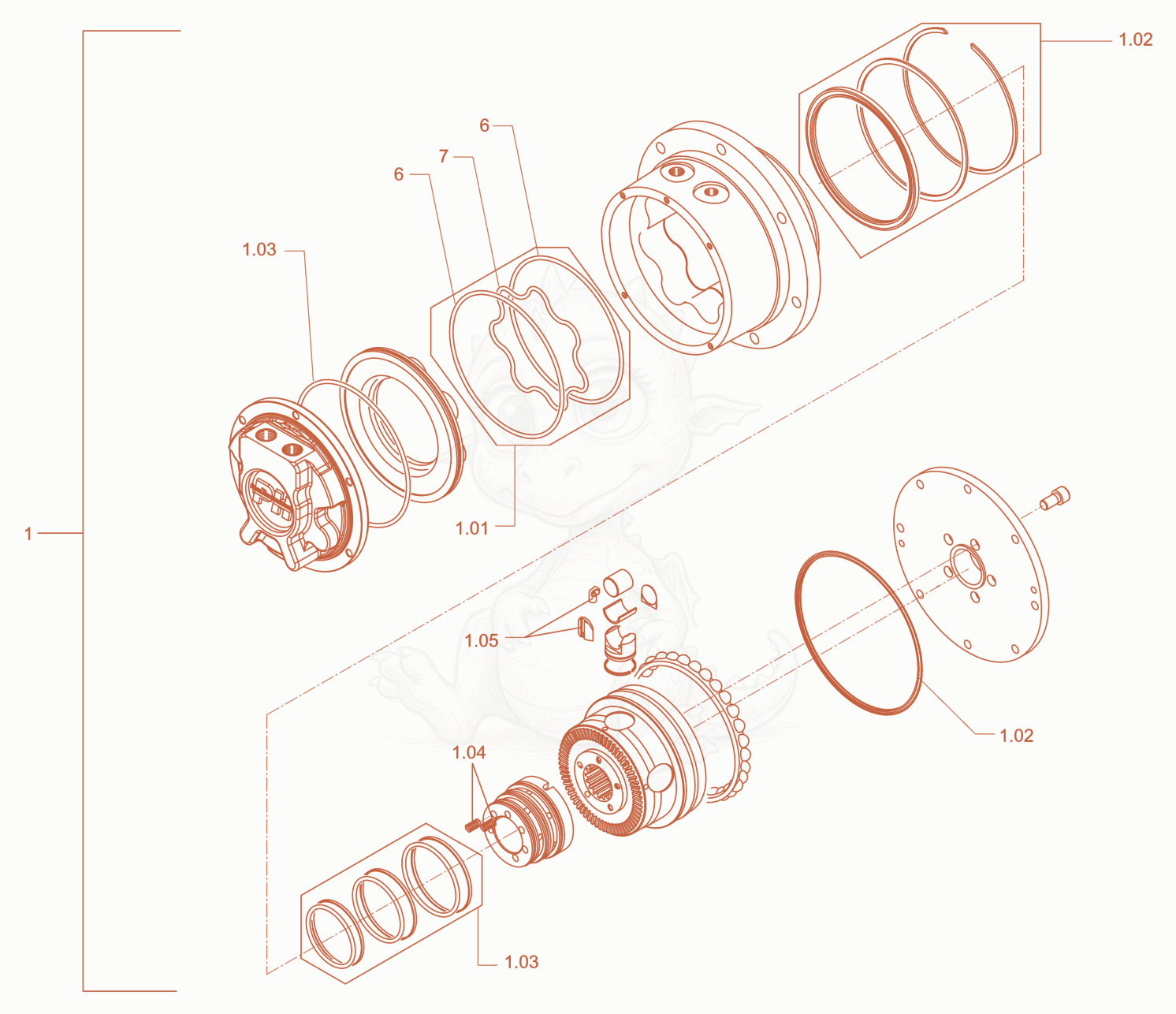 Exploded parts diagram of the gear hub motor of a Wacker Neuson RD27-120C.3, with numbered balloons