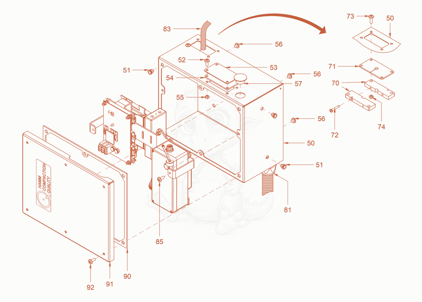 Exploded parts diagram of the hcq-preparation of a Wacker Neuson RC70VOUS, with numbered balloons