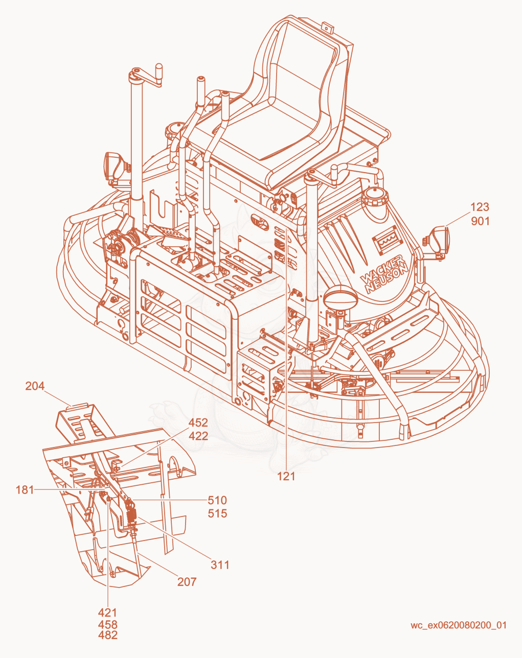 Exploded parts diagram of the Machine cpl./Front View of a Wacker Neuson CRT36-24A, with numbered balloons
