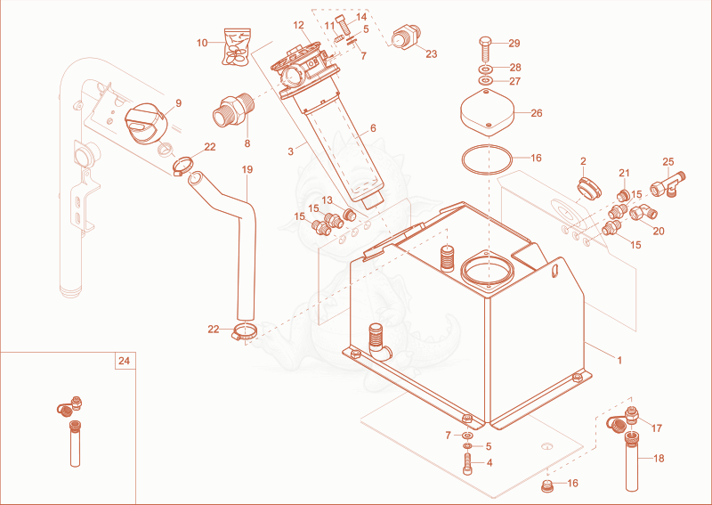 Despiece del hydraulic tank de una máquina Wacker Neuson ET16, con globos numerados