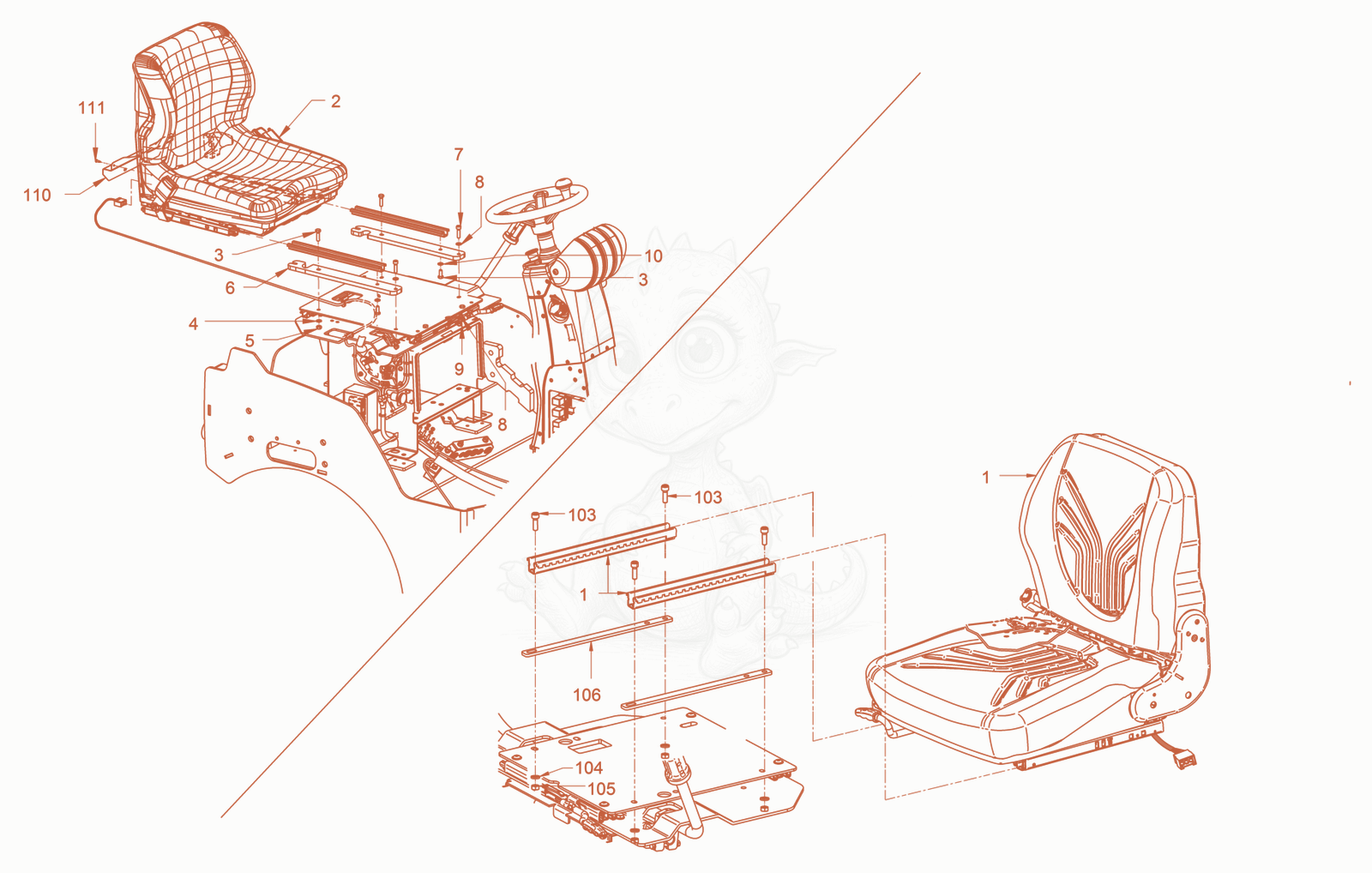 Exploded parts diagram of the operator's seat with adjustment of a Wacker Neuson RD24-100O.3, with numbered balloons