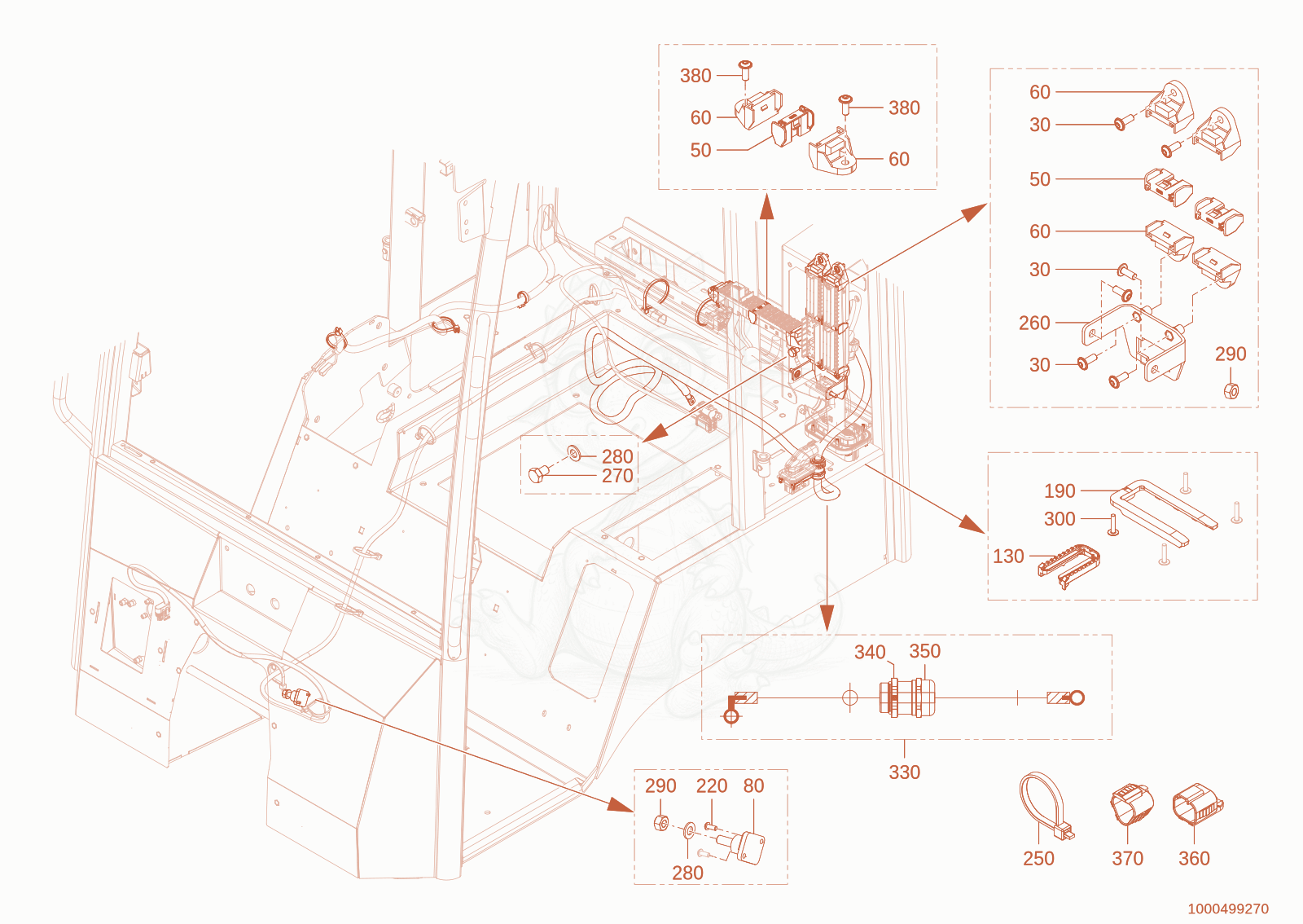 Exploded parts diagram of the Attachment parts wiring harness of a Wacker Neuson WL300E(A15-01), with numbered balloons