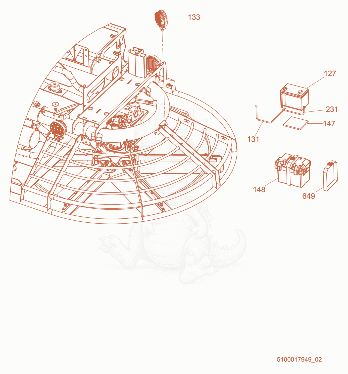 Exploded parts diagram of the Battery / Light of a Wacker Neuson CRT60-74LX, with numbered balloons