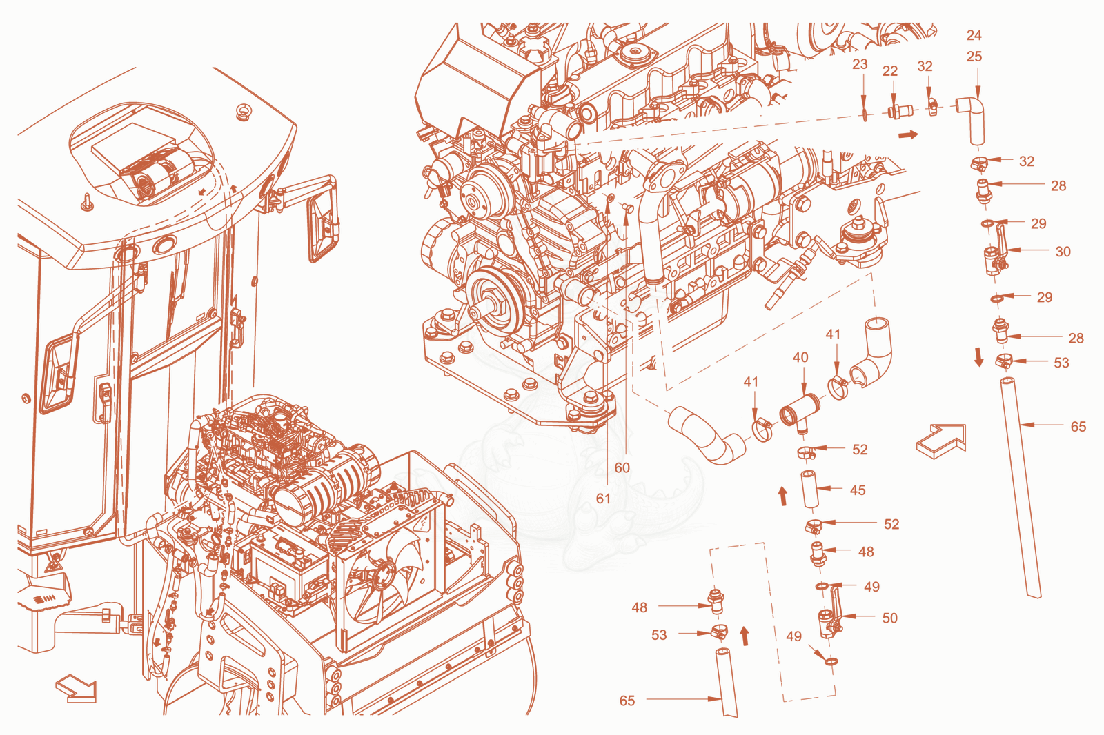 Exploded parts diagram of the cabin-heating of a Wacker Neuson RD45-140, with numbered balloons