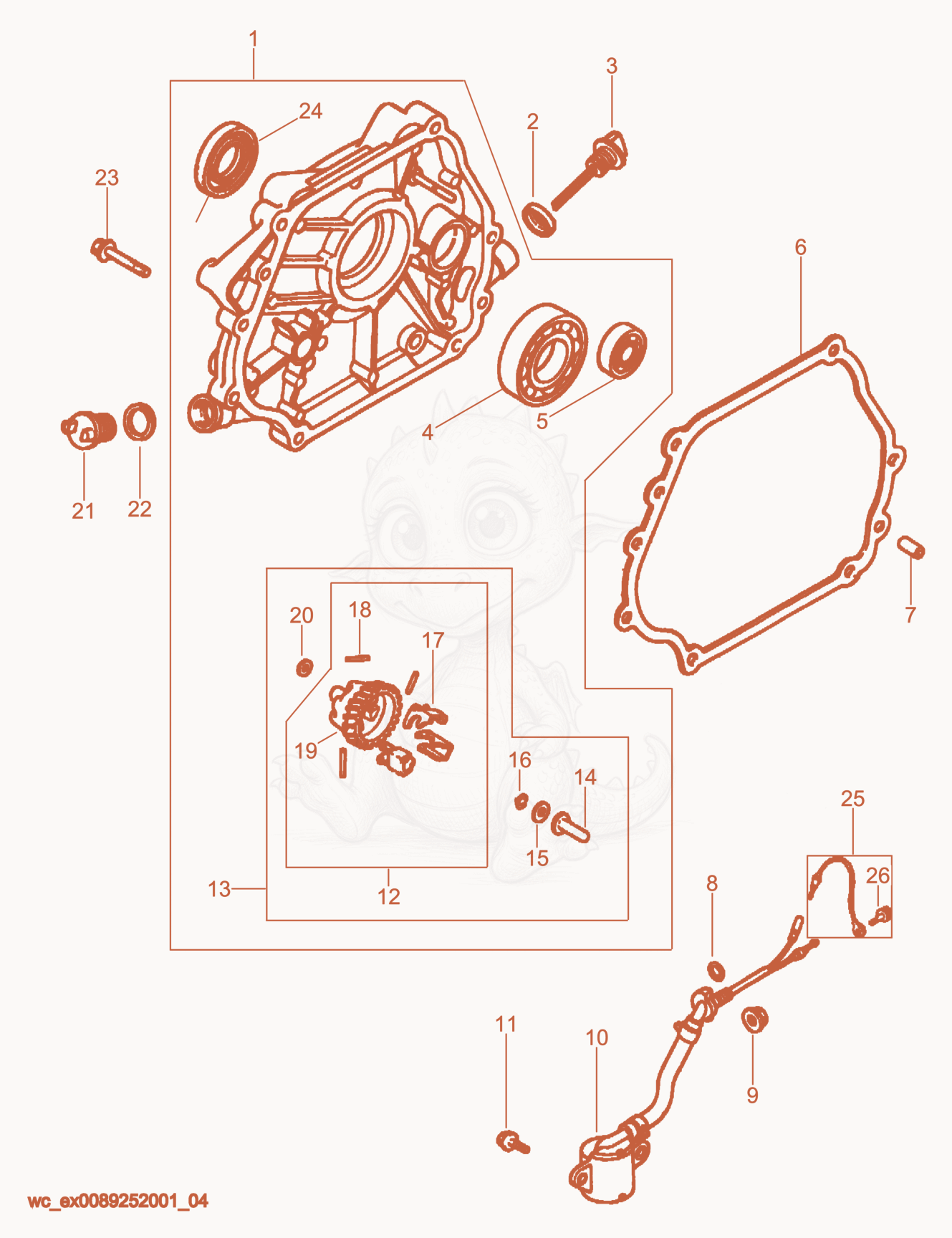 Exploded parts diagram of the Crankcase Cover/Governor of a Wacker Neuson GS4.6A, with numbered balloons