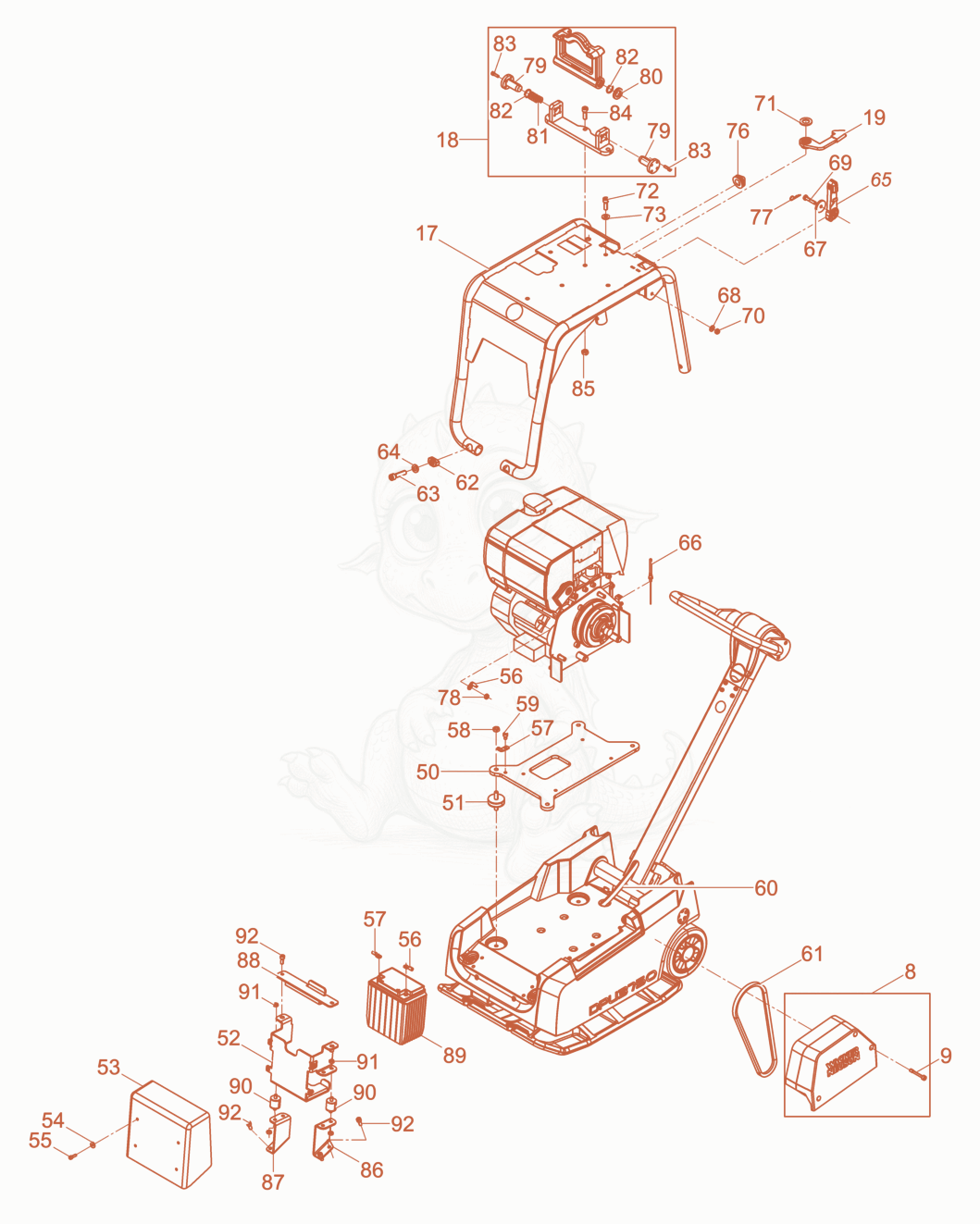 Despiece del Vibration Plate de una máquina Wacker Neuson DPU3750HETS, con globos numerados