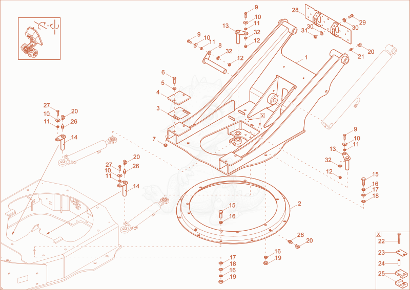 Despiece del SWING BRACKET de una máquina Wacker Neuson DW40, con globos numerados
