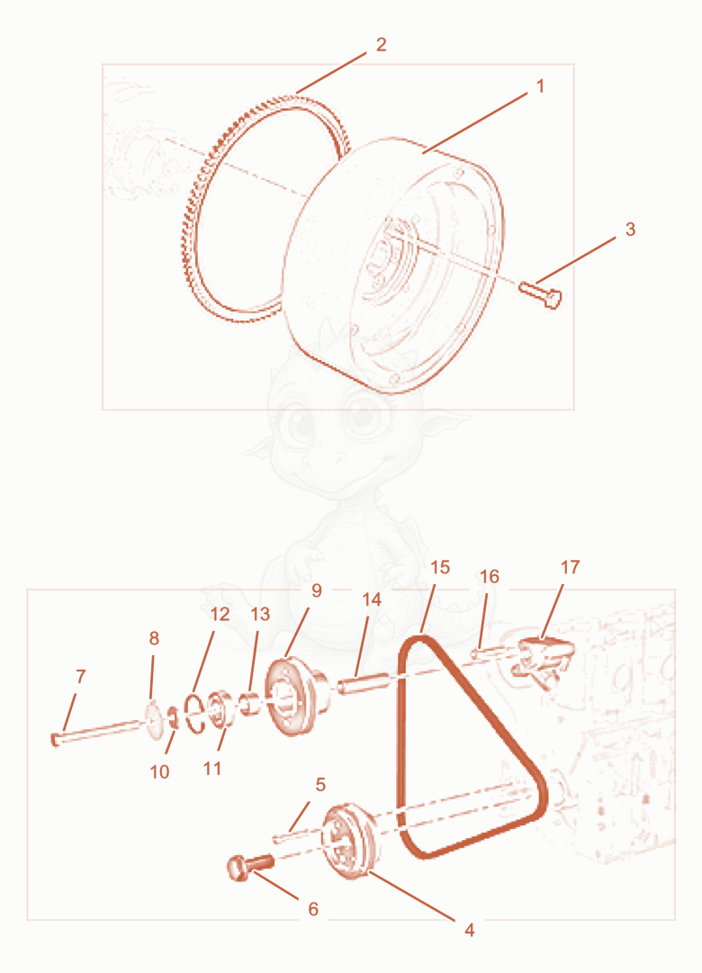 Exploded parts diagram of the FLYWHEEL AND PULLEYS of a Wacker Neuson PT6LT, with numbered balloons