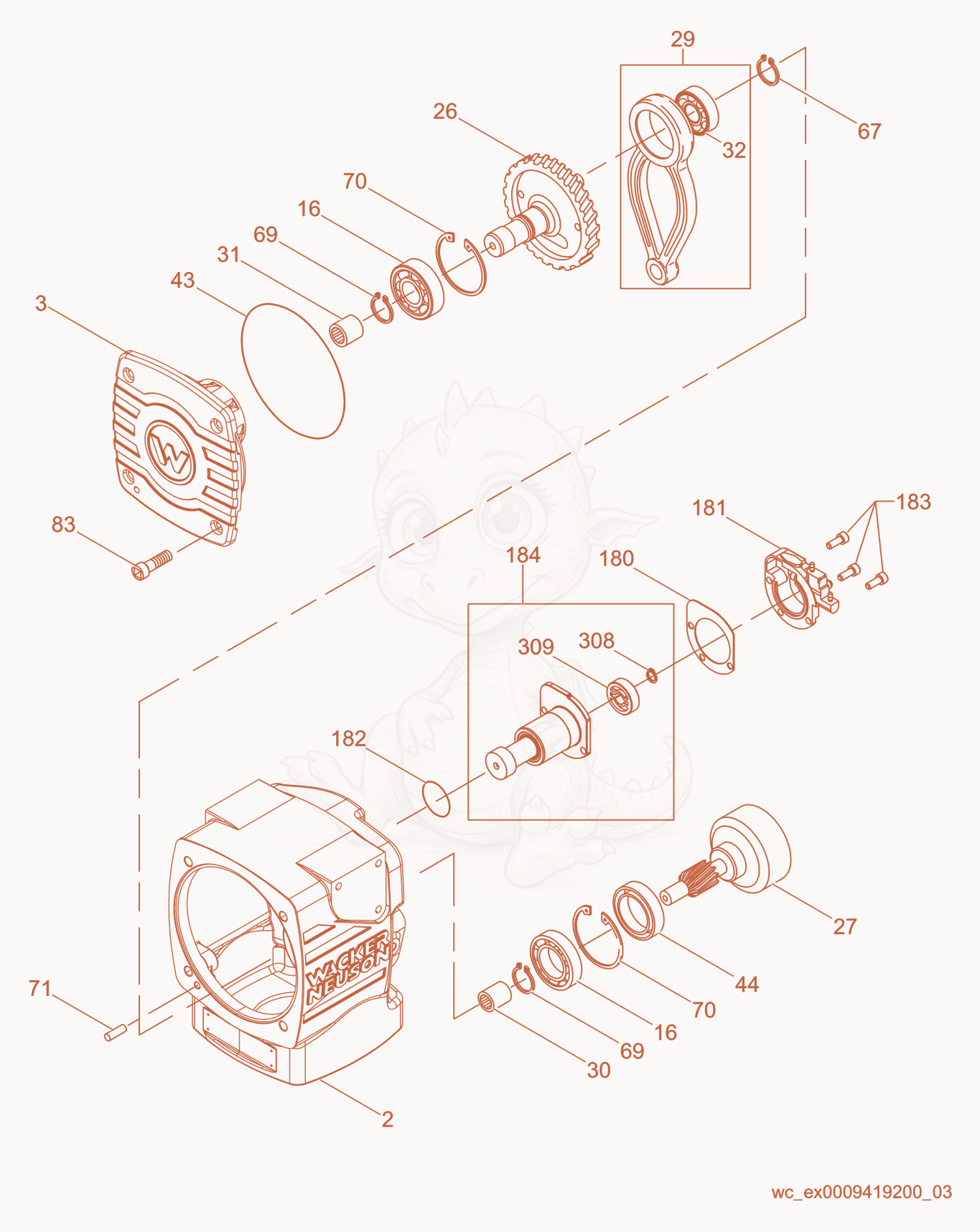 Exploded parts diagram of the Crankcase cpl. of a Wacker Neuson BS50-2I, with numbered balloons