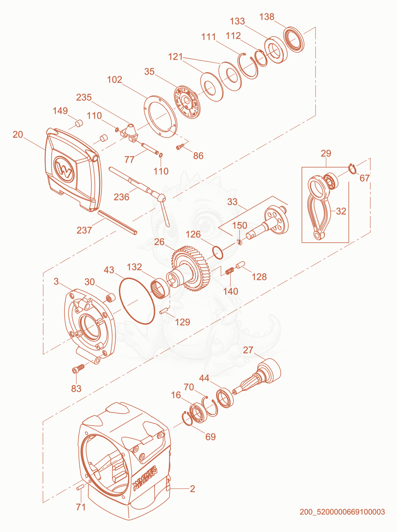 Exploded parts diagram of the Crankcase cpl. of a Wacker Neuson BS65-V, with numbered balloons
