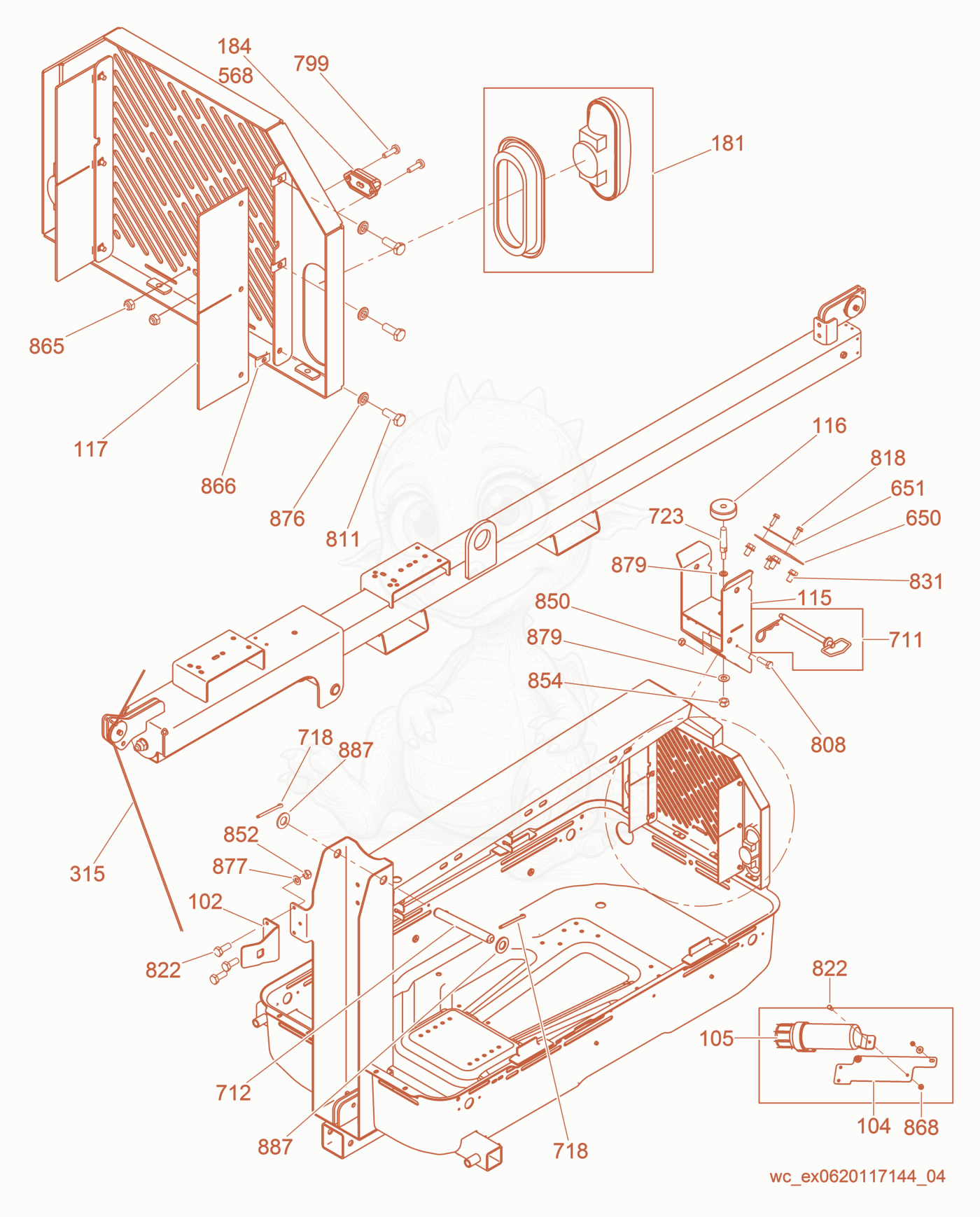 Exploded parts diagram of the Tower Cradle Brackets of a Wacker Neuson LTN6K, with numbered balloons