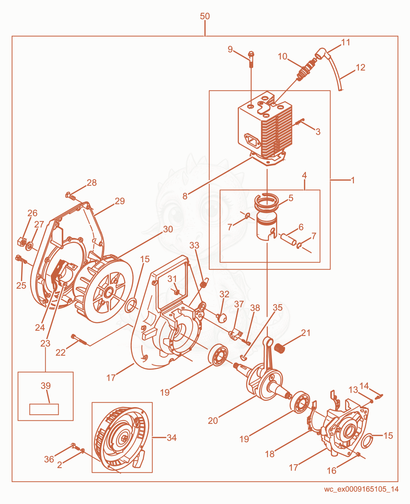 Despiece del Engine-WM 80 de una máquina Wacker Neuson BS700-OI, con globos numerados