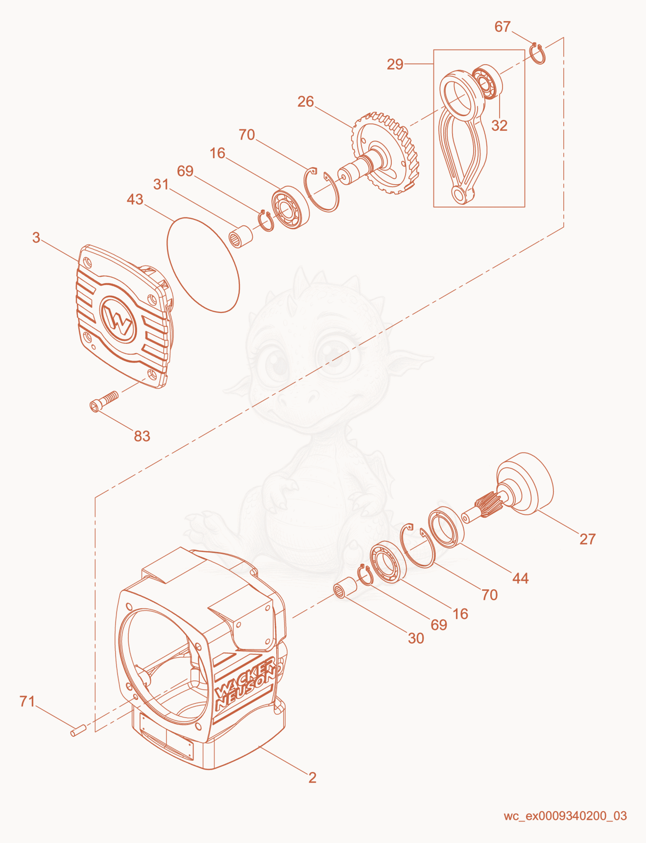 Exploded parts diagram of the Crankcase cpl. of a Wacker Neuson BS50-4, with numbered balloons