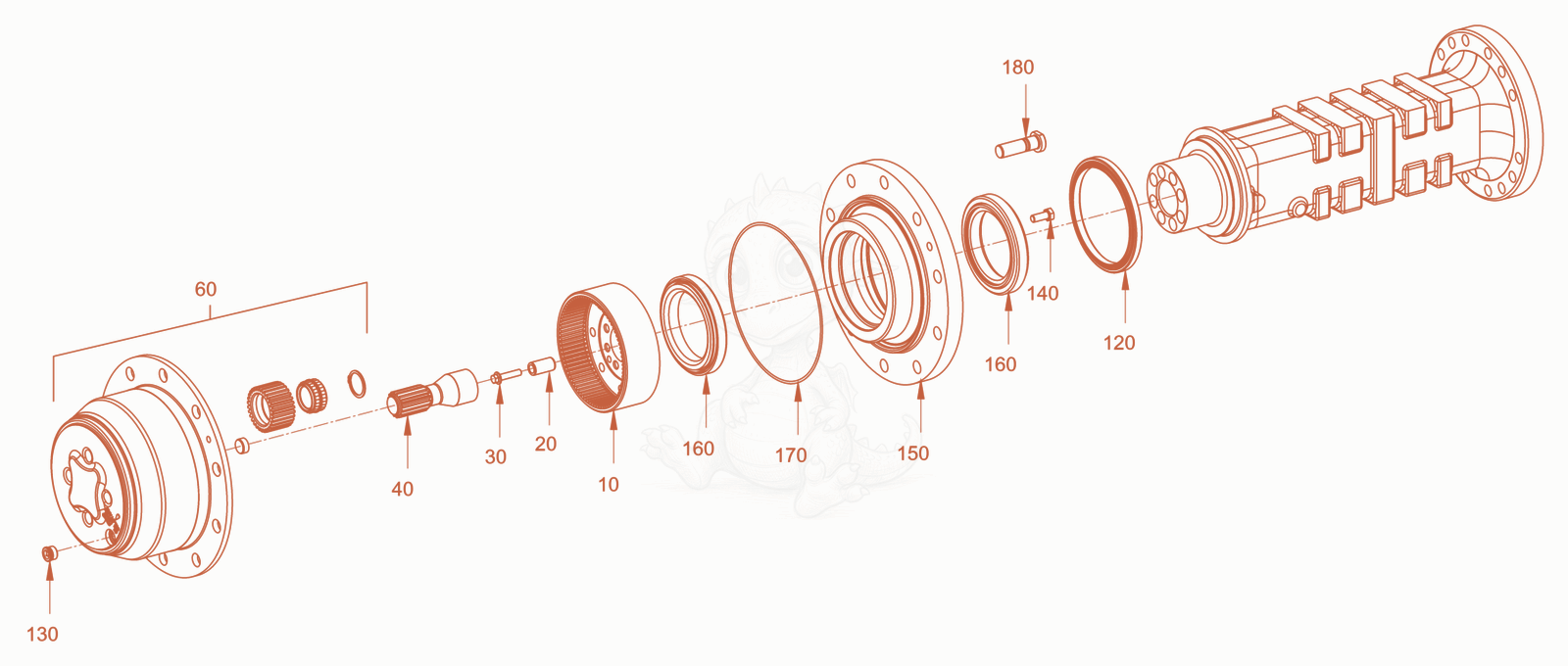 Exploded parts diagram of the planetary axle and suspension of a Wacker Neuson RC110PUSROPS, with numbered balloons