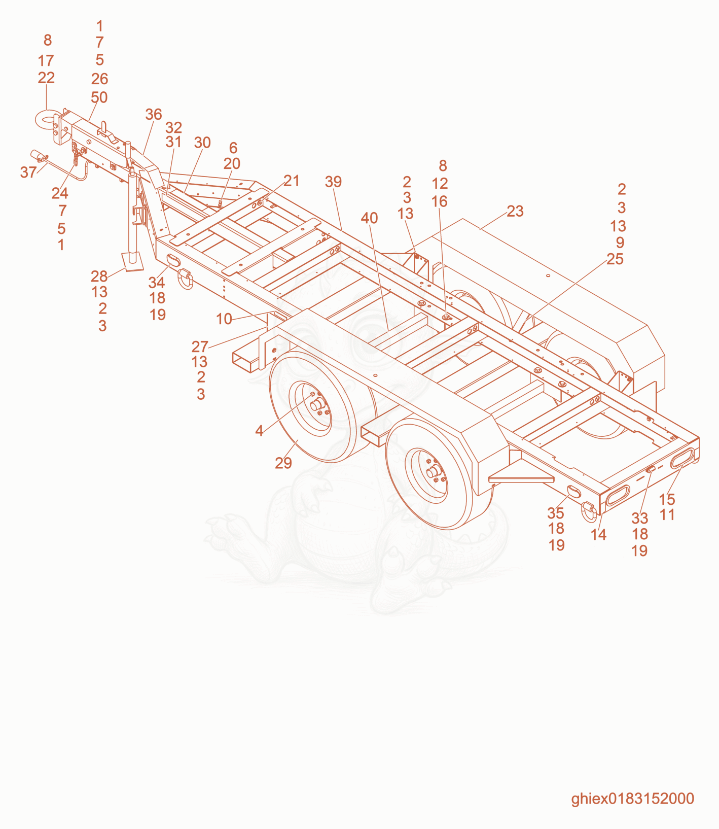 Despiece del Trailer cpl. (Surge Brake) de una máquina Wacker Neuson HI750GMHD, con globos numerados