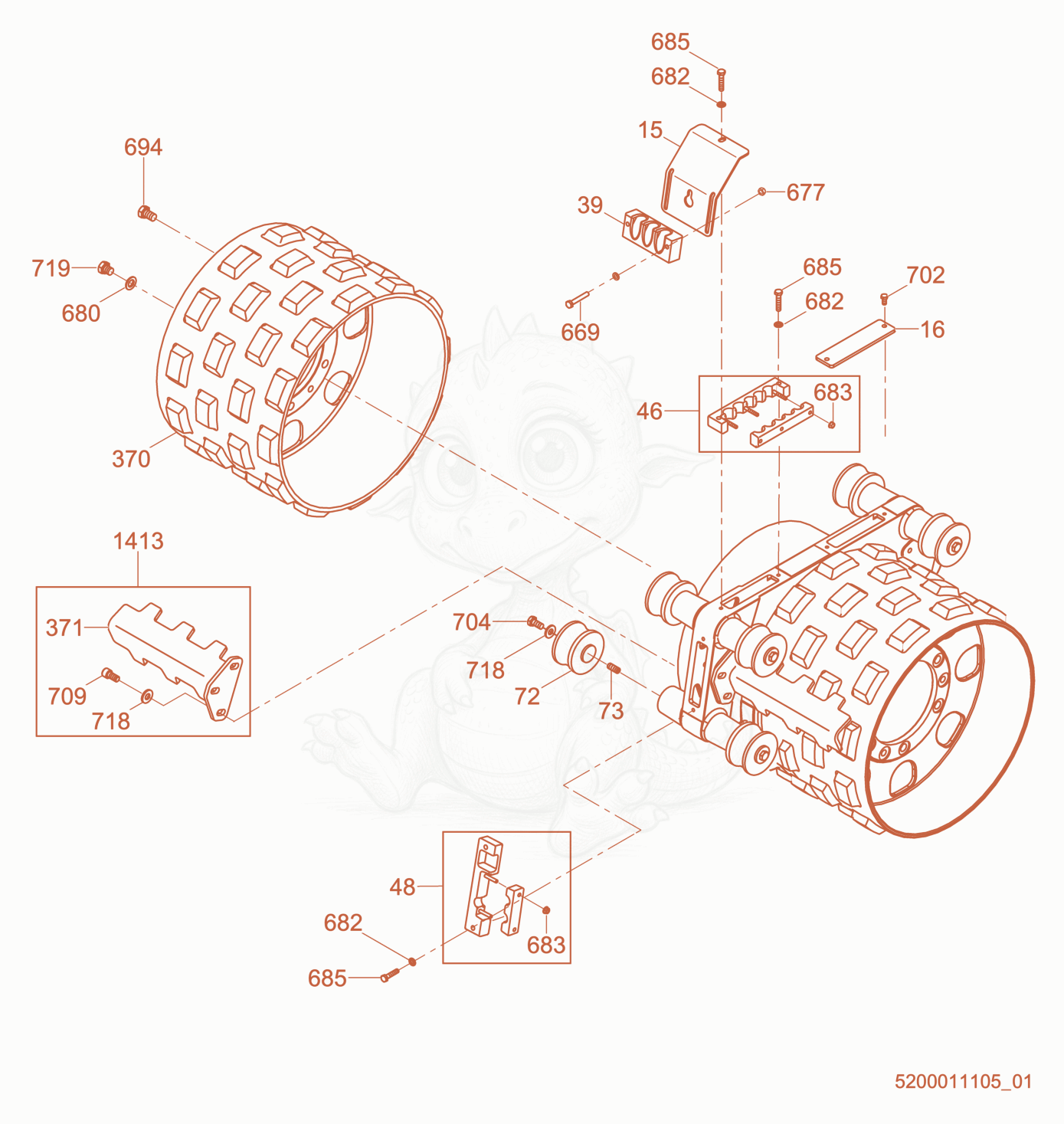 Exploded parts diagram of the Rear Drum of a Wacker Neuson RT56-SC2, with numbered balloons