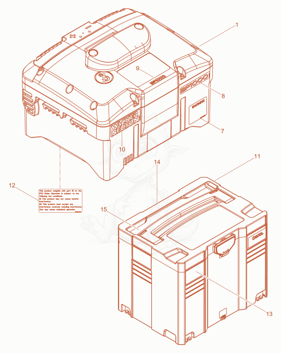 Exploded parts diagram of the Battery BP1000 of a Wacker Neuson ACBE, with numbered balloons