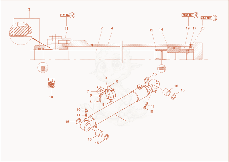 Exploded parts diagram of the boom cylinder of a Wacker Neuson 12002RD, with numbered balloons
