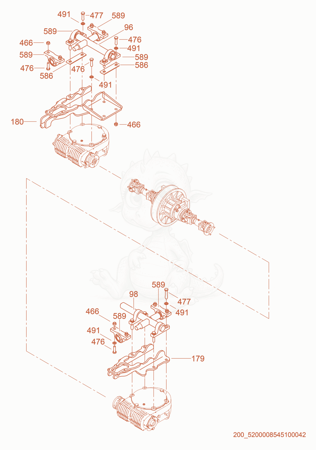 Despiece del Gearbox mount de una máquina Wacker Neuson CRTV36-26A, con globos numerados