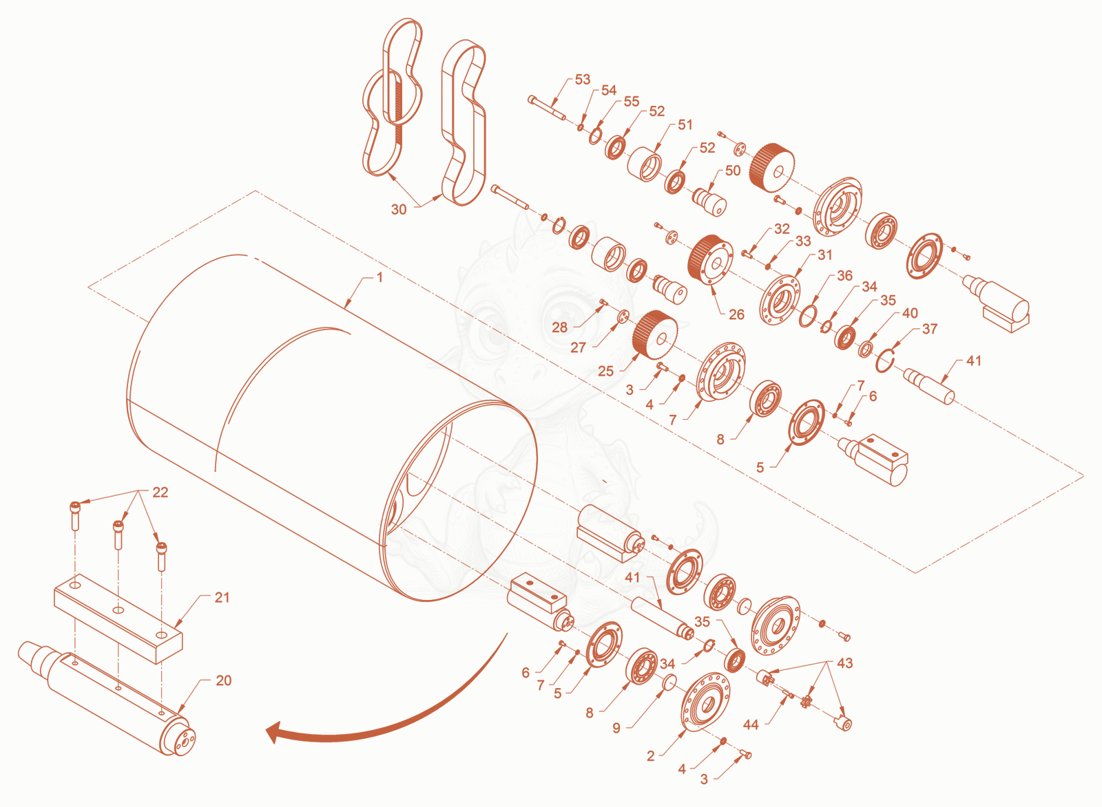 Exploded parts diagram of the smooth roller drum with oscillator of a Wacker Neuson RD27-120O, with numbered balloons