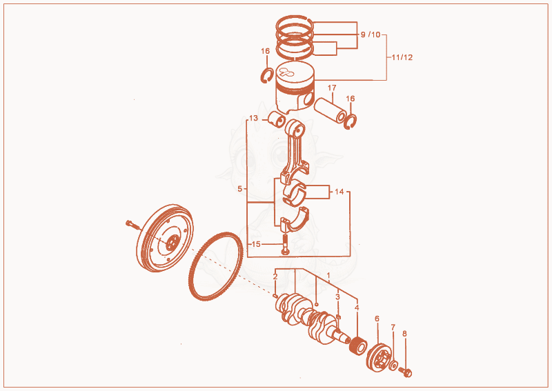 Exploded parts diagram of the crankshaft, piston of a Wacker Neuson 1402PRIMUSFORCE, with numbered balloons