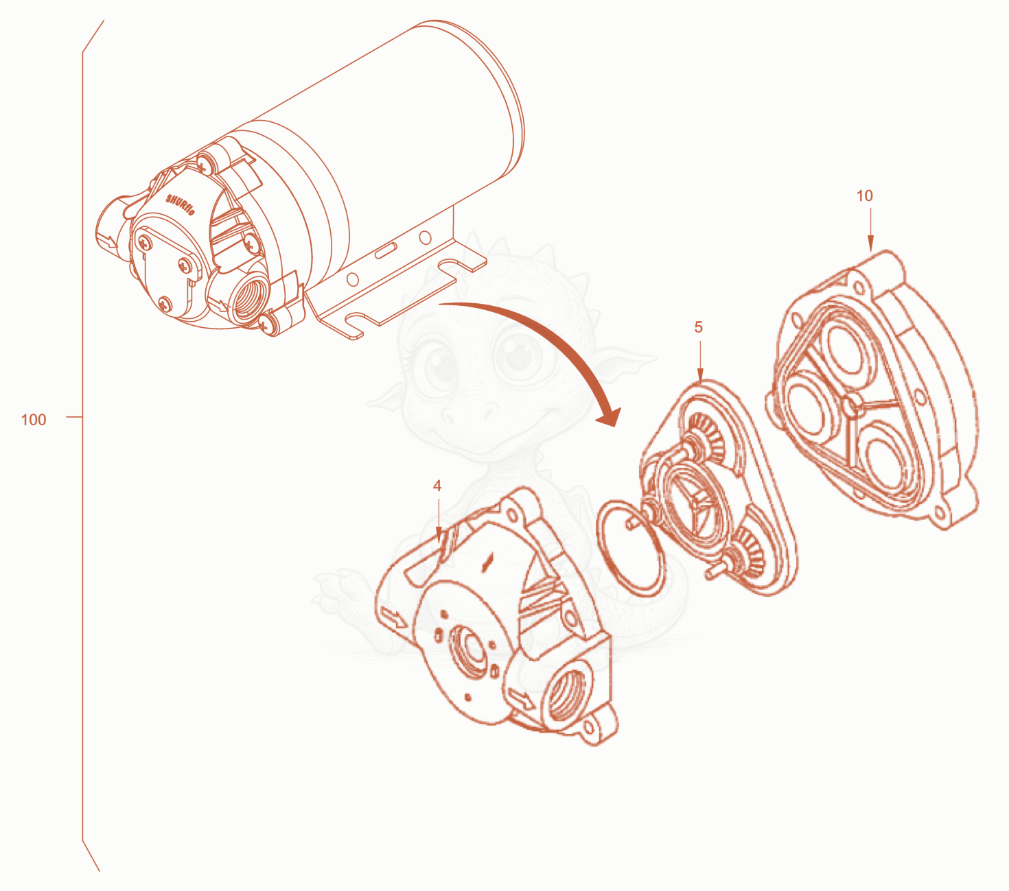 Exploded parts diagram of the Water pump of a Wacker Neuson RD40-130, with numbered balloons