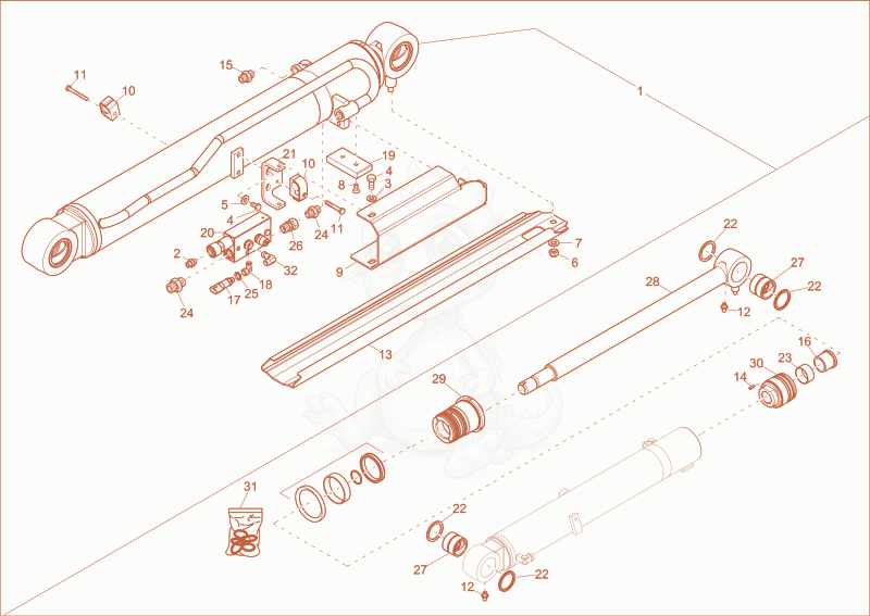 Exploded parts diagram of the BOOM CYLINDER of a Wacker Neuson EW65, with numbered balloons