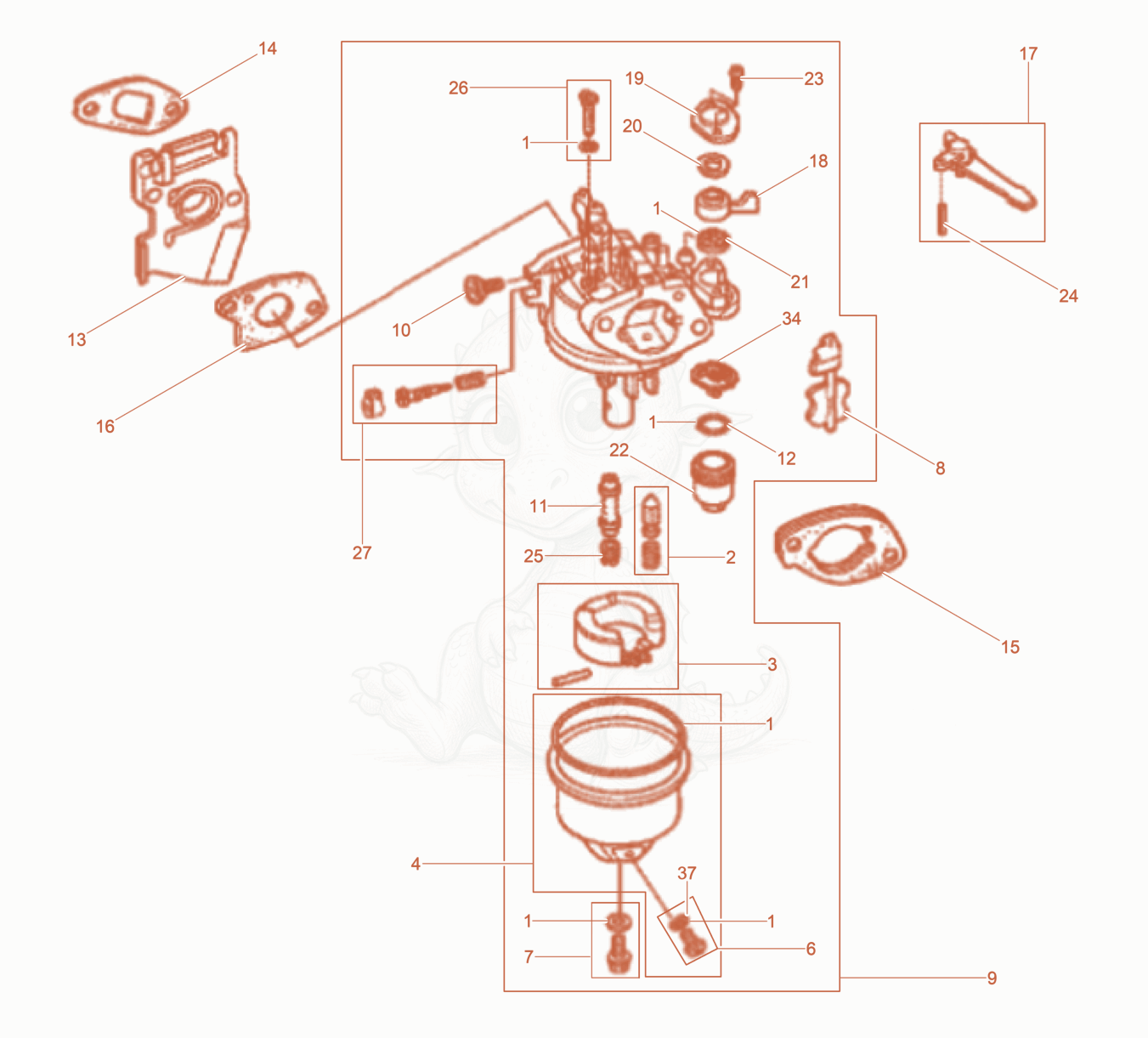 Exploded parts diagram of the Carburetor of a Wacker Neuson BPS1135AWUS, with numbered balloons