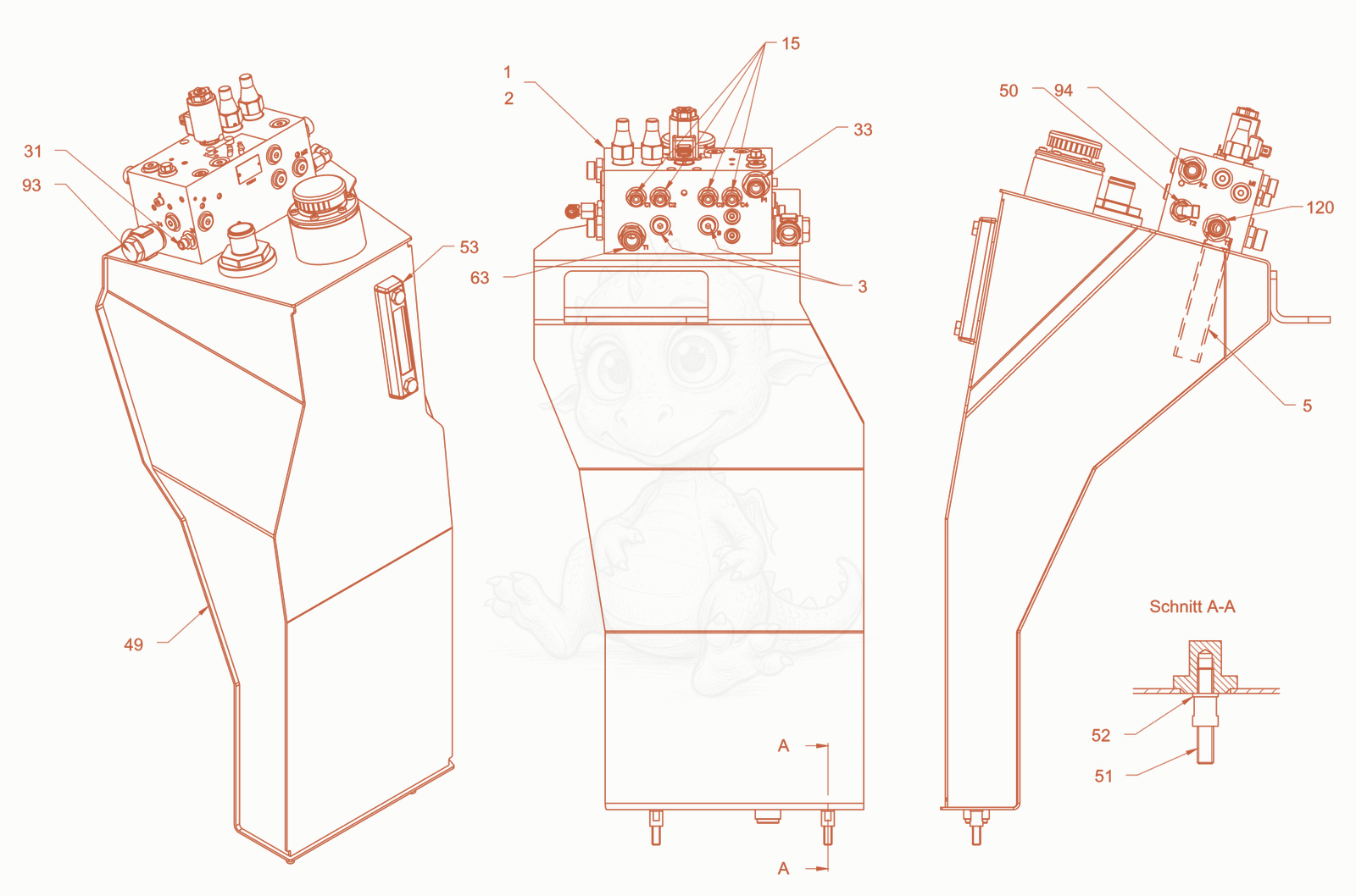 Exploded parts diagram of the oil tank of a Wacker Neuson RD45-140OUS, with numbered balloons