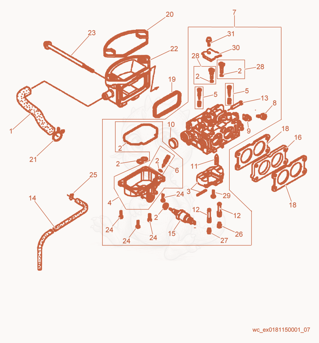 Exploded parts diagram of the Carburetor cpl. of a Wacker Neuson CRT36-26A, with numbered balloons