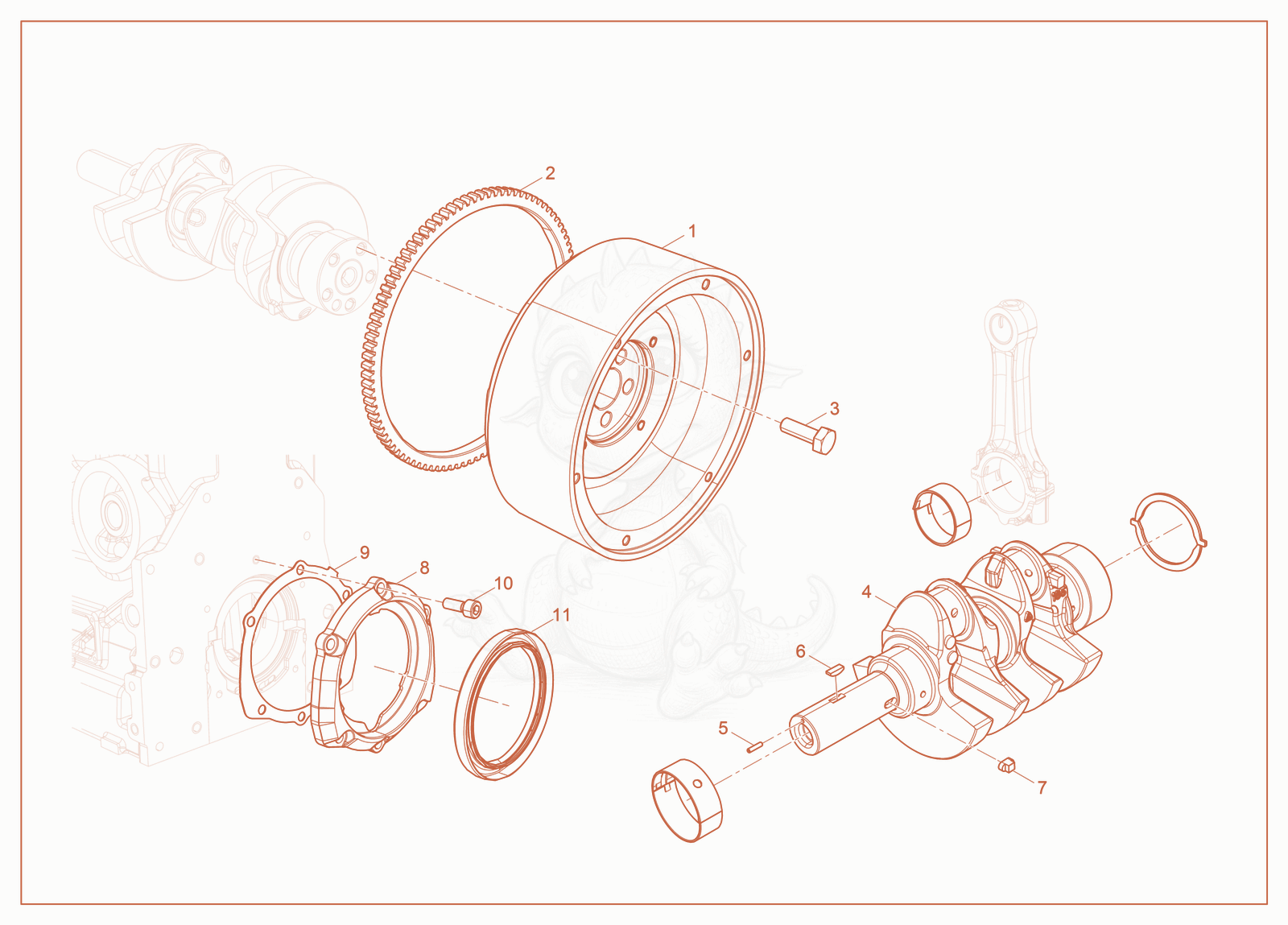Exploded parts diagram of the Crankshaft/Flywheel of a Wacker Neuson LTV4L, with numbered balloons