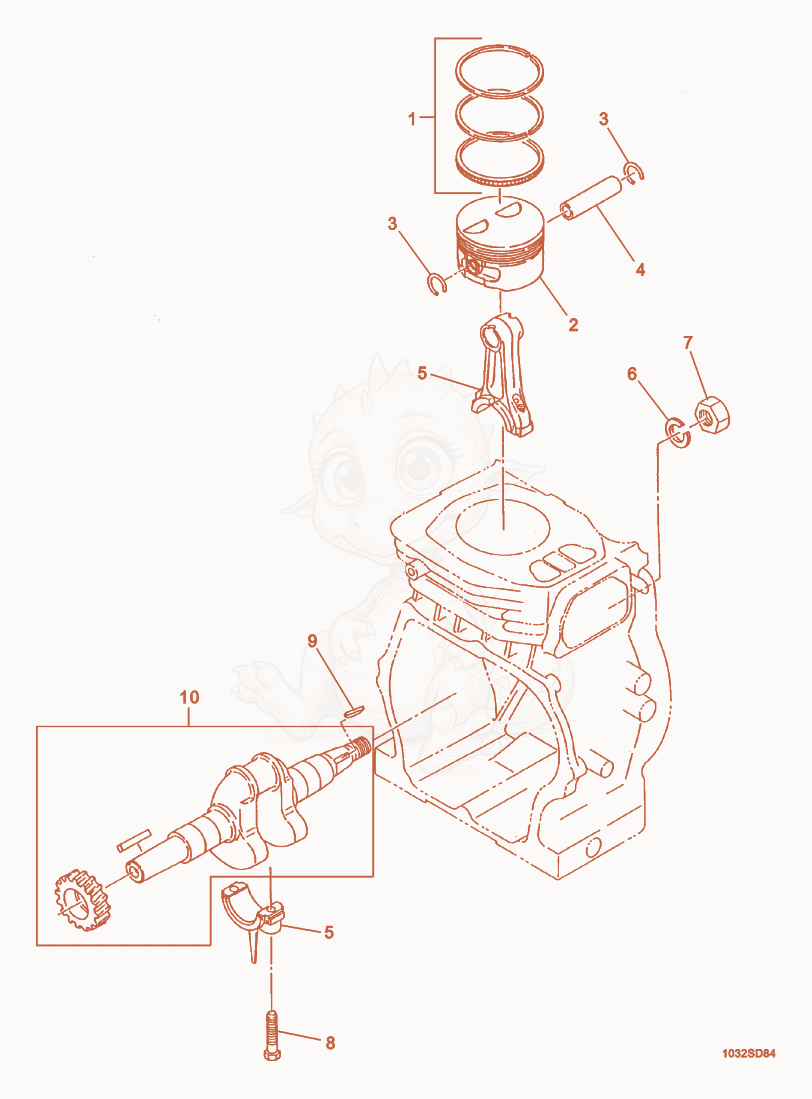 Exploded parts diagram of the Piston/Crankshaft of a Wacker Neuson VPR1330, with numbered balloons
