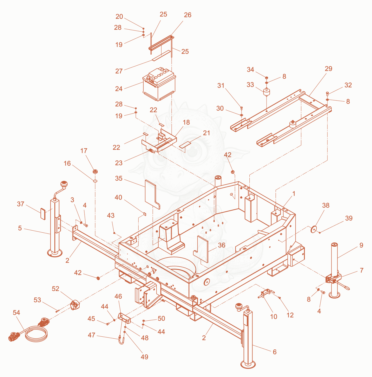 Exploded parts diagram of the frame with axle suspension of a Wacker Neuson LTN5YP, with numbered balloons