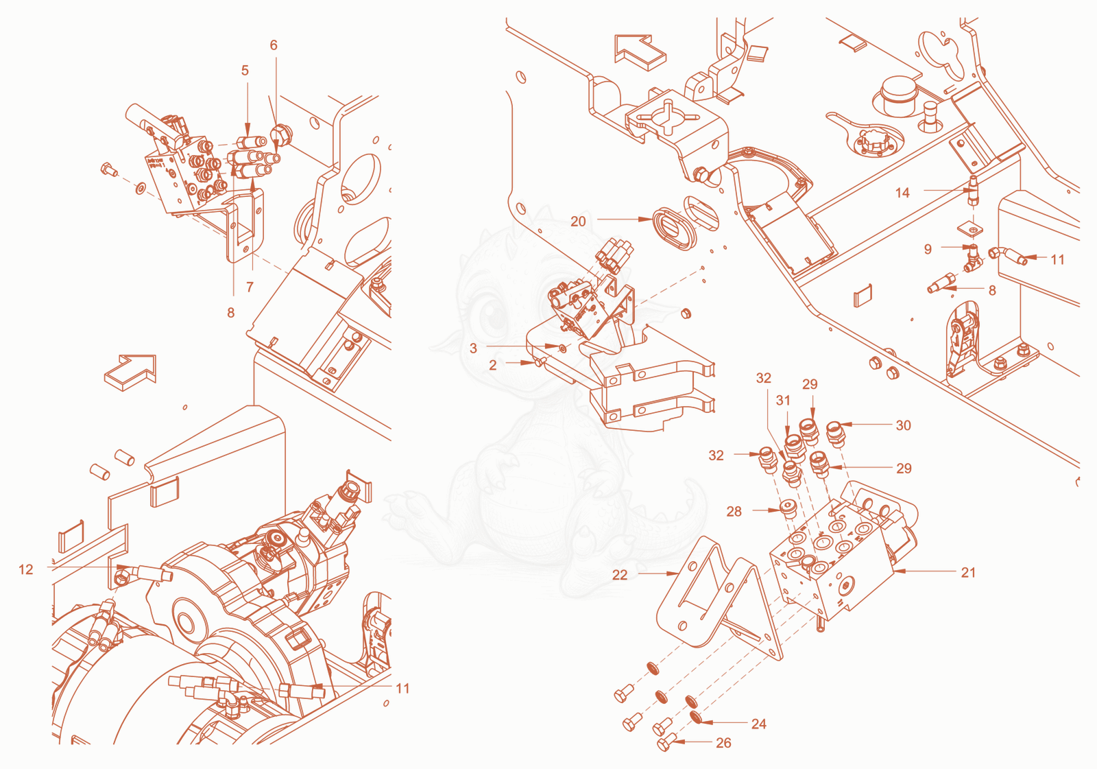 Exploded parts diagram of the brake hydraulics of a Wacker Neuson RC110PUSROPS, with numbered balloons
