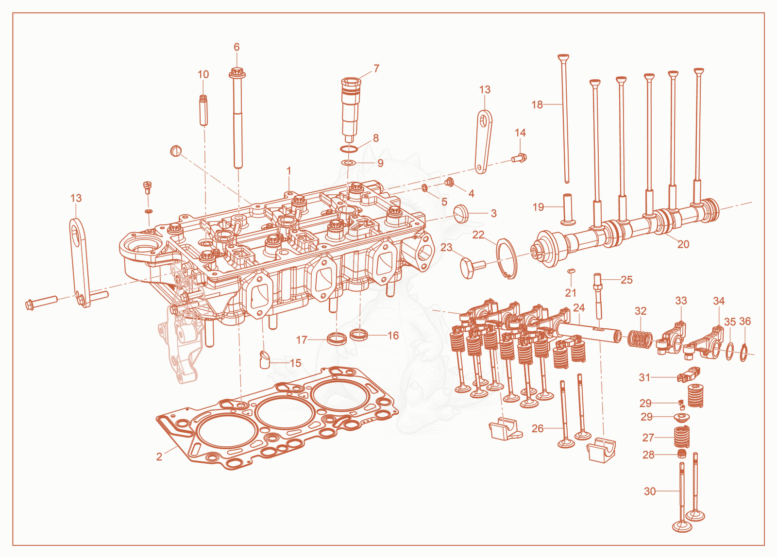 Despiece del Cylinder Head de una máquina Wacker Neuson G35, con globos numerados