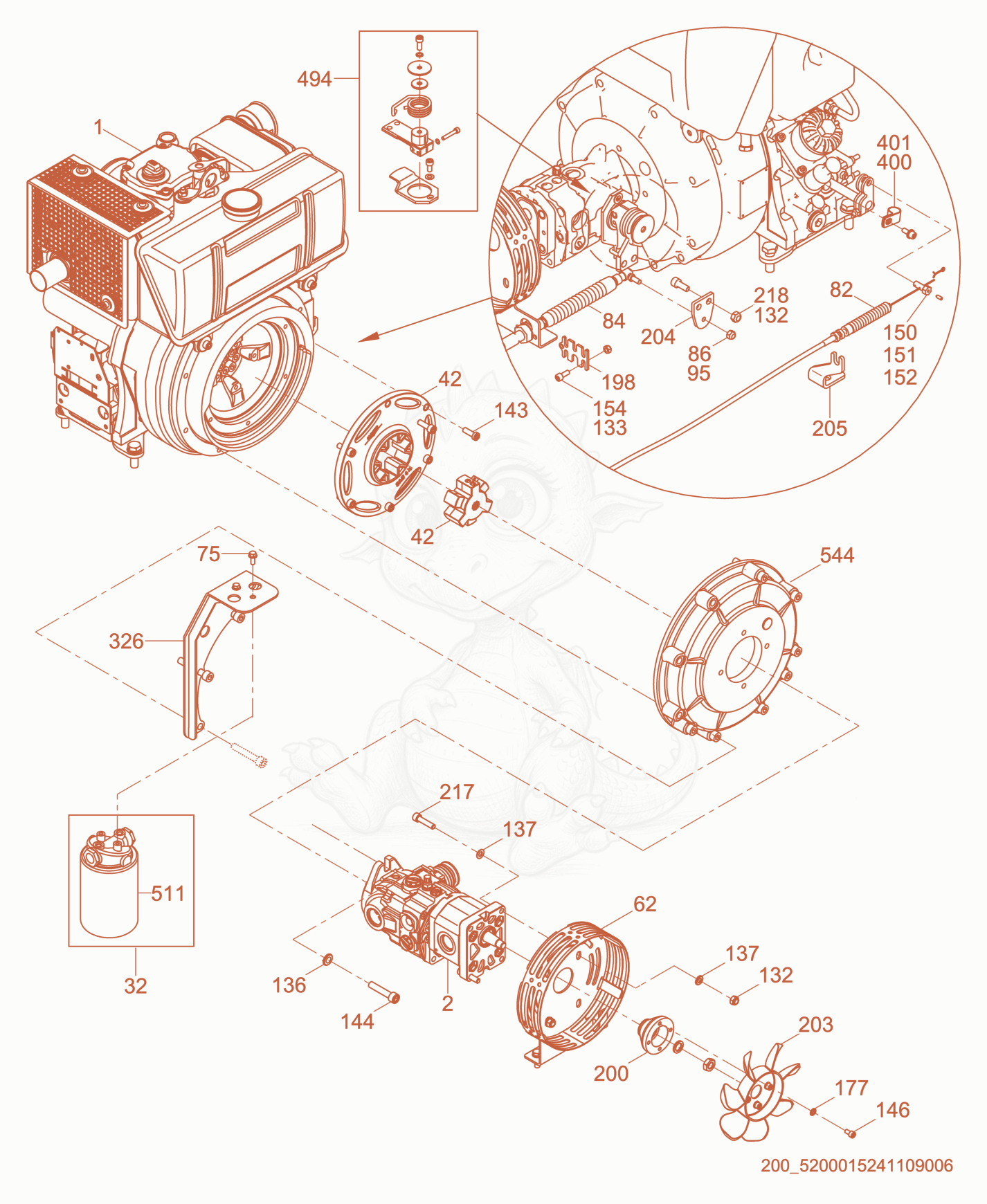 Exploded parts diagram of the Engine Compartment of a Wacker Neuson RD7HE, with numbered balloons