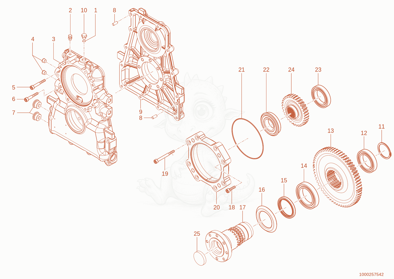 Exploded parts diagram of the gear box of a Wacker Neuson TH627(418-02), with numbered balloons