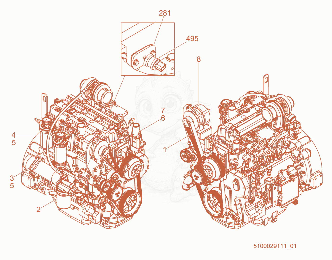 Exploded parts diagram of the Engine-Deere of a Wacker Neuson G100, with numbered balloons