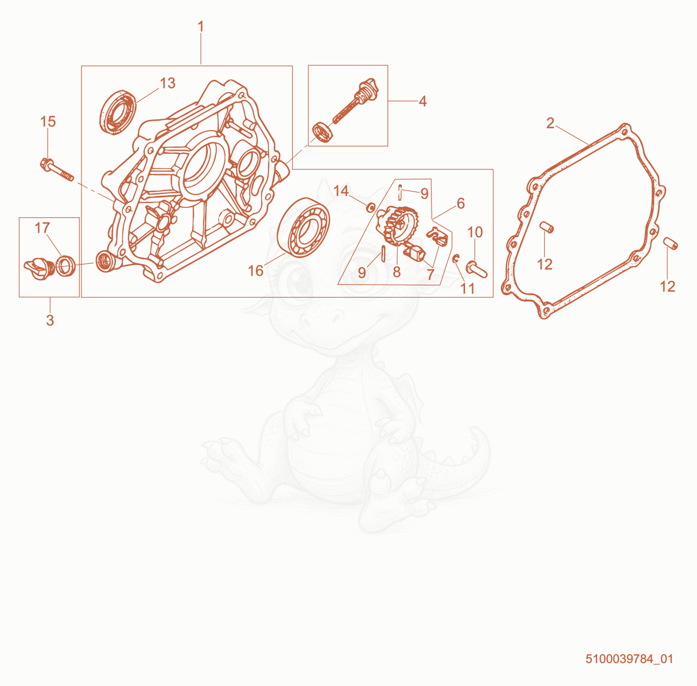 Exploded parts diagram of the Crankcase Cover of a Wacker Neuson PT3A, with numbered balloons