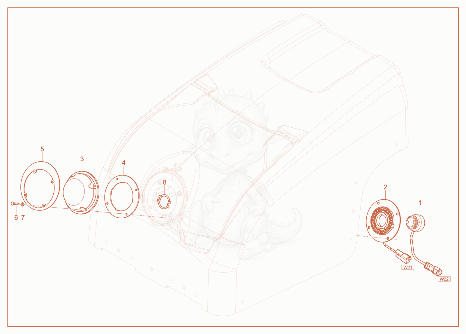 Exploded parts diagram of the Rear Infrared Sensors of a Wacker Neuson RTLX-SC3, with numbered balloons