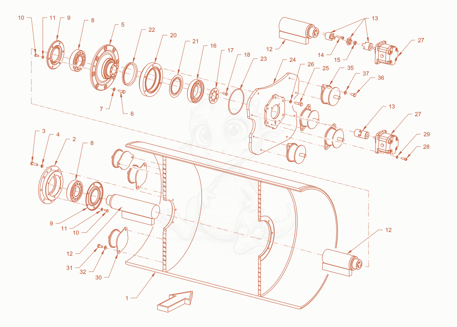 Exploded parts diagram of the smooth roller drum with vibrator of a Wacker Neuson RD28-120C, with numbered balloons