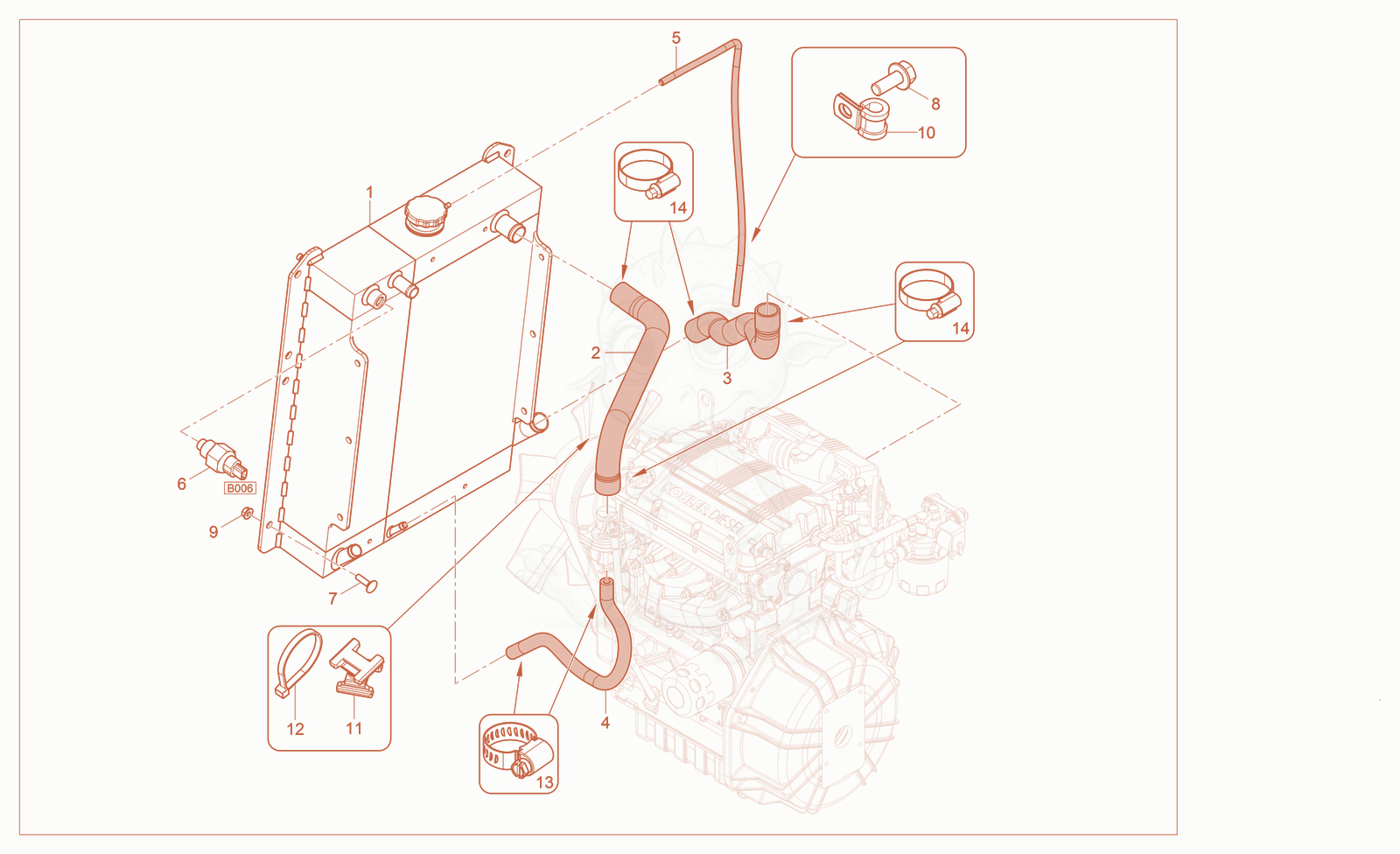 Exploded parts diagram of the Cooler of a Wacker Neuson HTC15, with numbered balloons