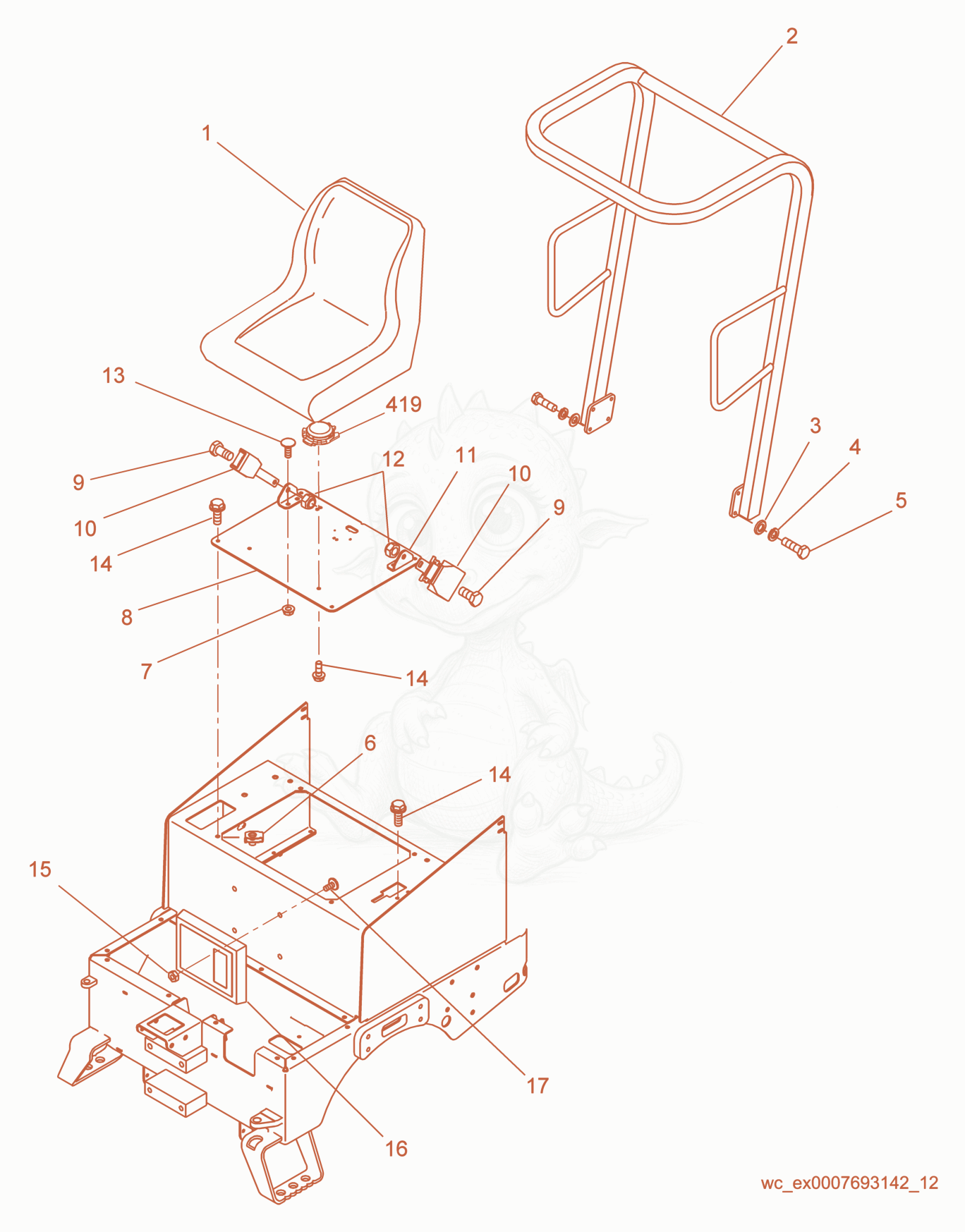Exploded parts diagram of the Series Drive/Seat/ROPS of a Wacker Neuson RD11A, with numbered balloons