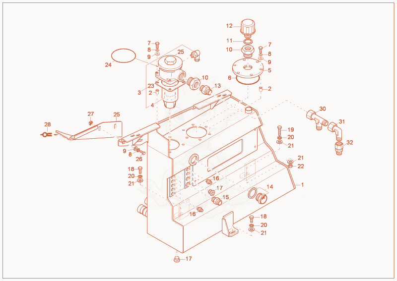 Exploded parts diagram of the hydraulic tank of a Wacker Neuson 2702RD, with numbered balloons