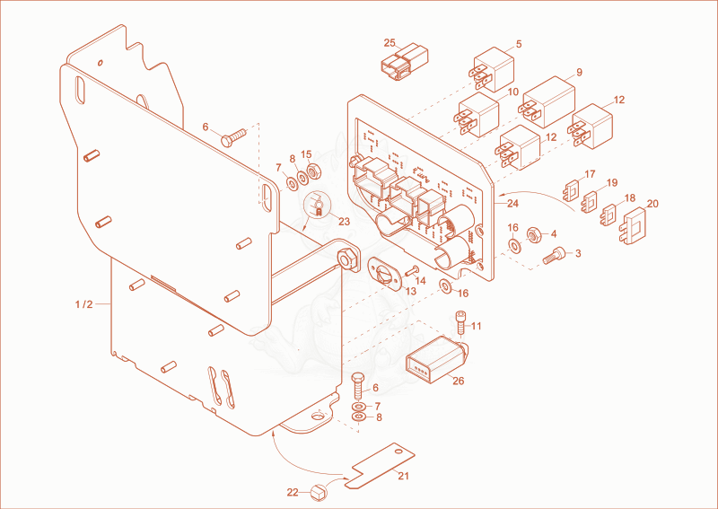 Exploded parts diagram of the relay case of a Wacker Neuson EZ17, with numbered balloons