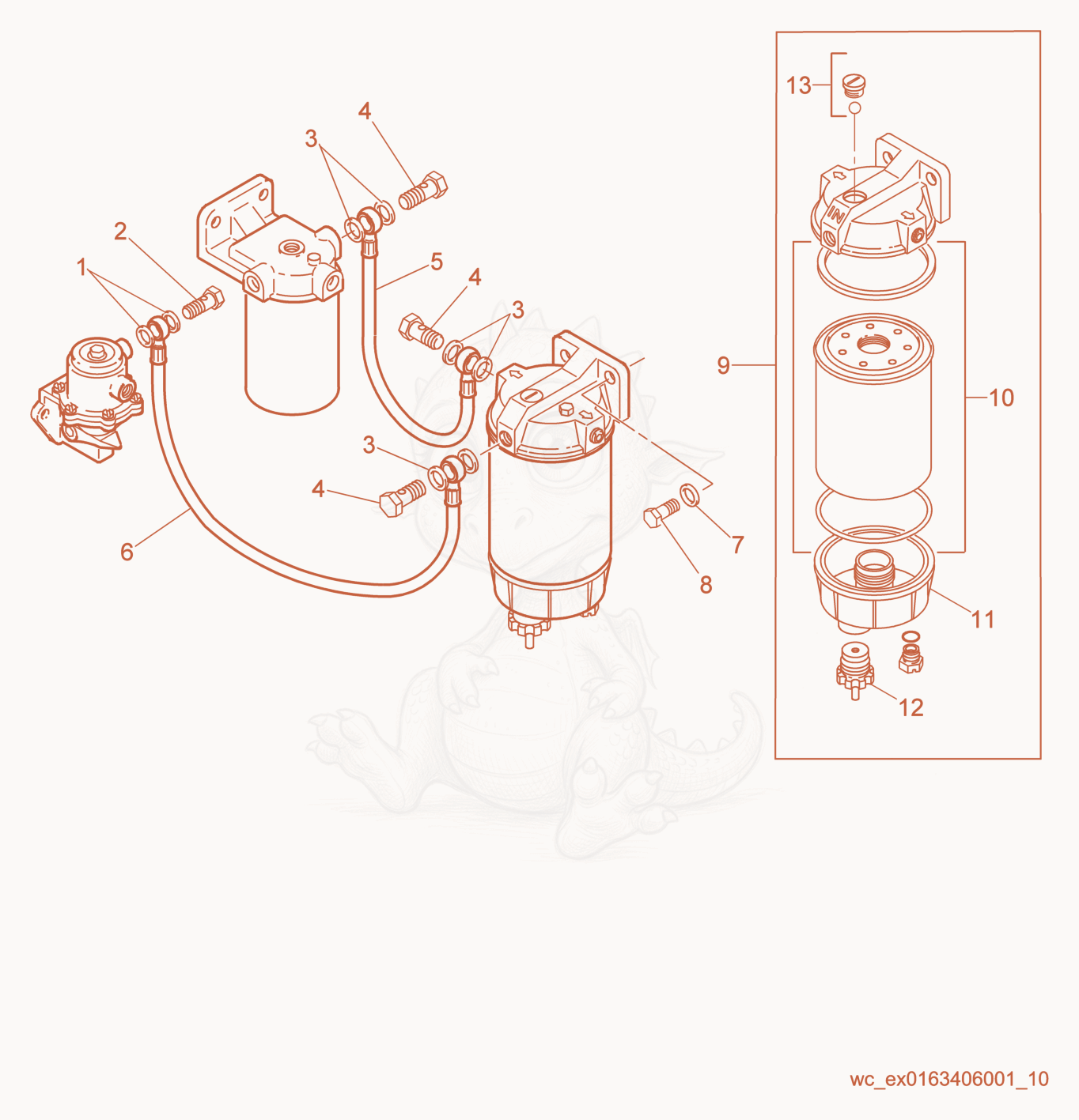 Despiece del Water Separator de una máquina Wacker Neuson PT6LS, con globos numerados